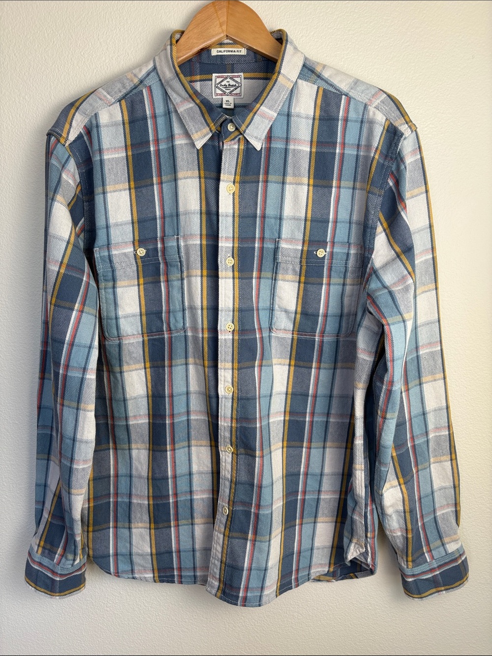 Lucky Brand Men's Plaid Flannel Shirt XL California Fit Blue Cream Yellow Orange